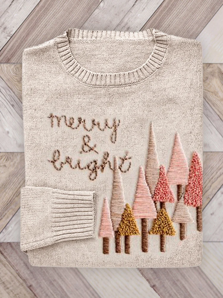 Comstylish Merry & Bright Pink Christmas Trees Embroidery Cozy Knit Sweater