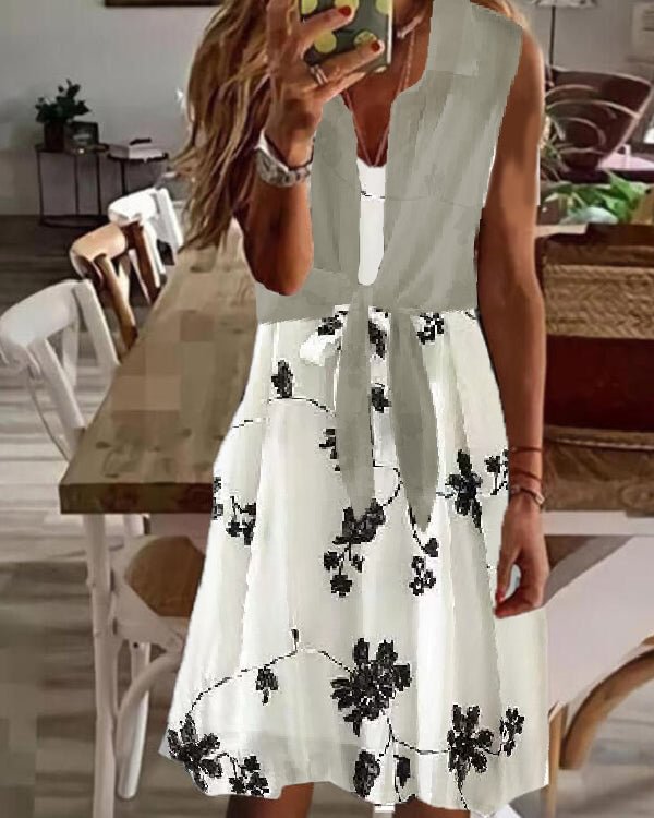 Fake Two Piece Waist V Neck Chiffon Coat Dress