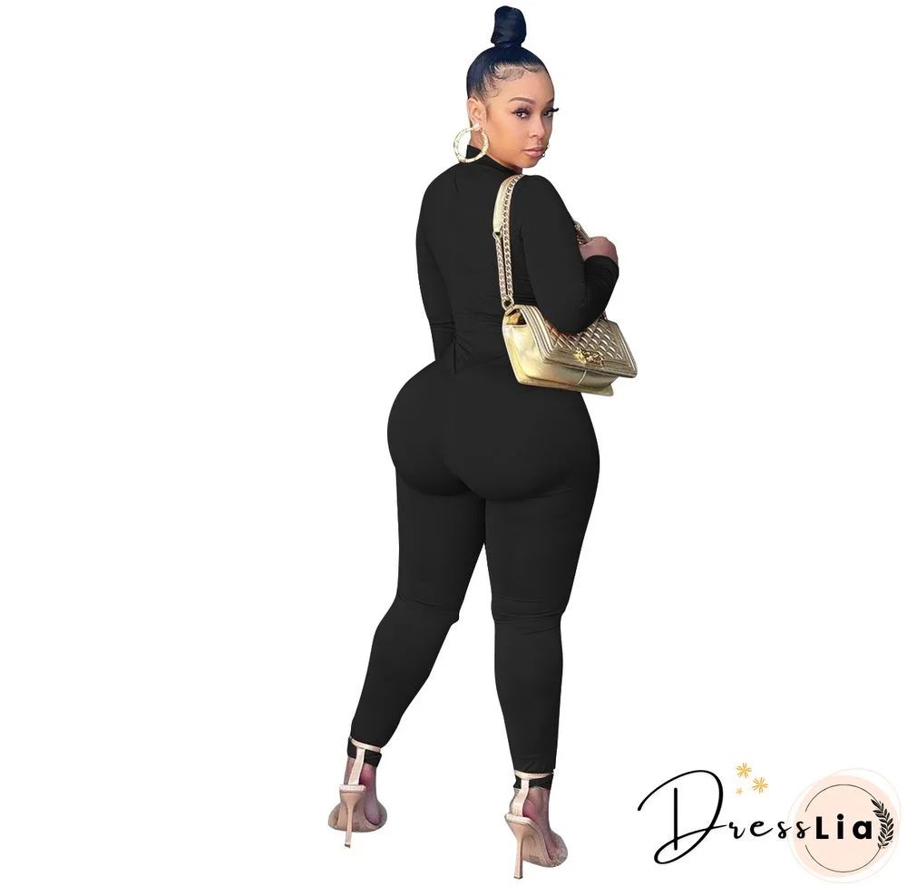 Hollow Out Cross Chain Lace Up Long Sleeve Jumpsuit