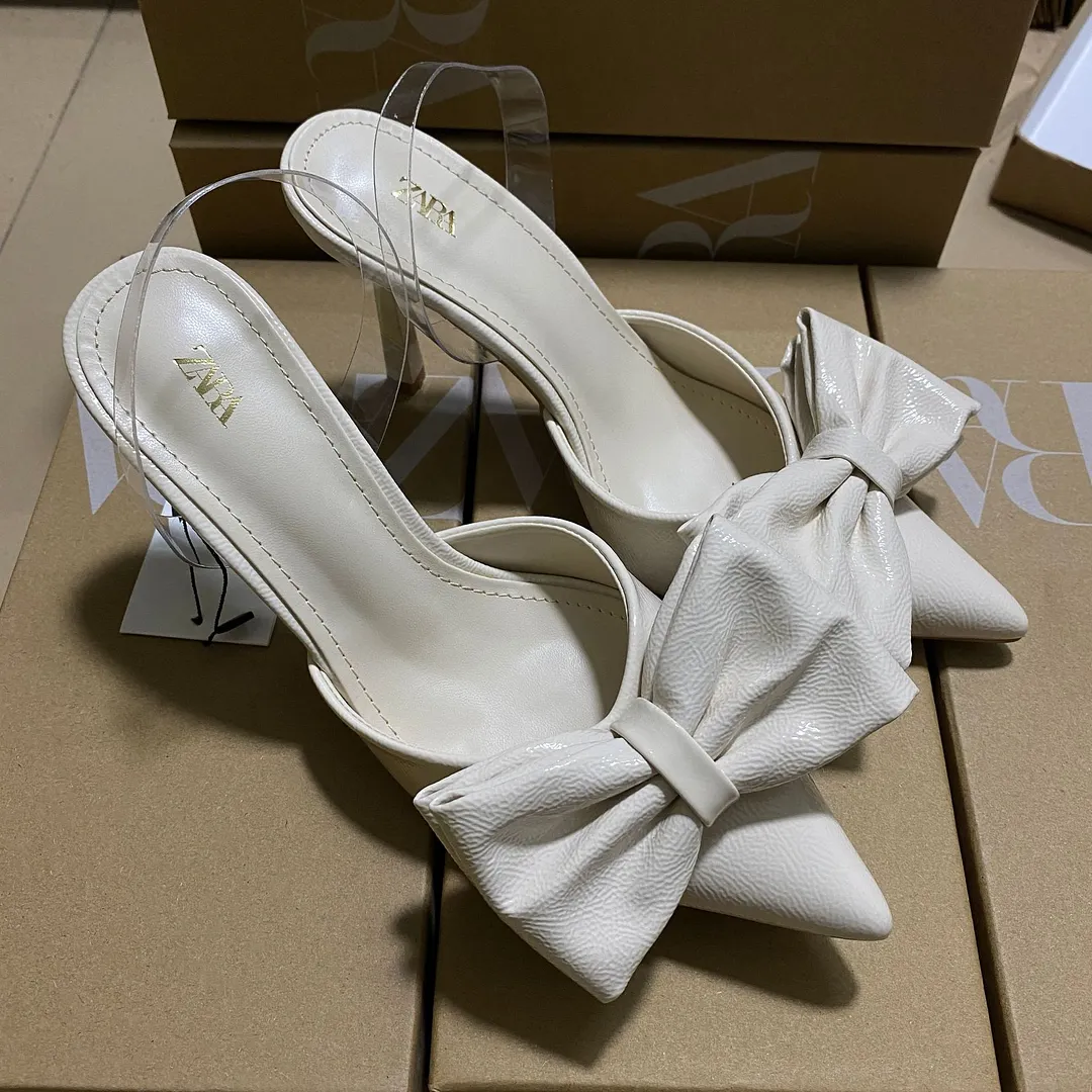 Breakj Breakj Home 2025 New White Bow French-Style Dew Behind Triptling Pointed High Heels Fashion Bag Head Sandals Women