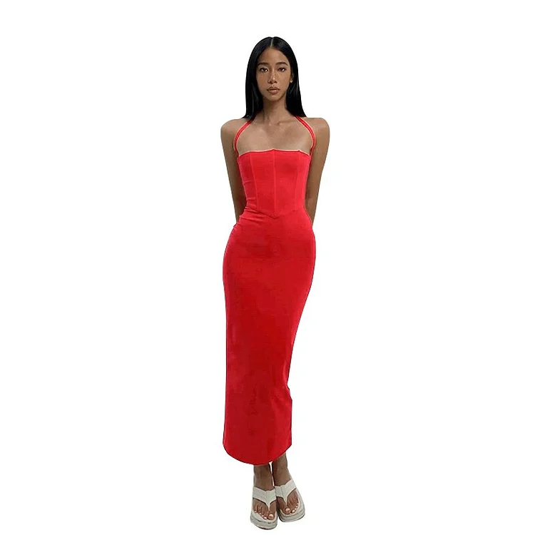 Hugcitar Halter Sleeveless Solid Slim With Inner Corset Sexy Dress 2022 Summer Women Party Y2K Concise Bodycon Elegant Clothing