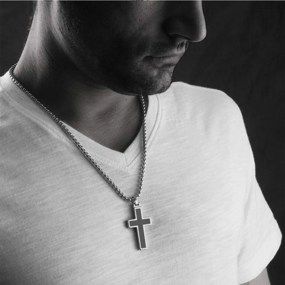 Women's Or Men's Tungsten Cross Pendant .4mm Surgical Stainless Steel Box Chain. Tungsten Cross Black Carbon Fiber Inlay Necklace Jewelry Gifts For Mens And Womens