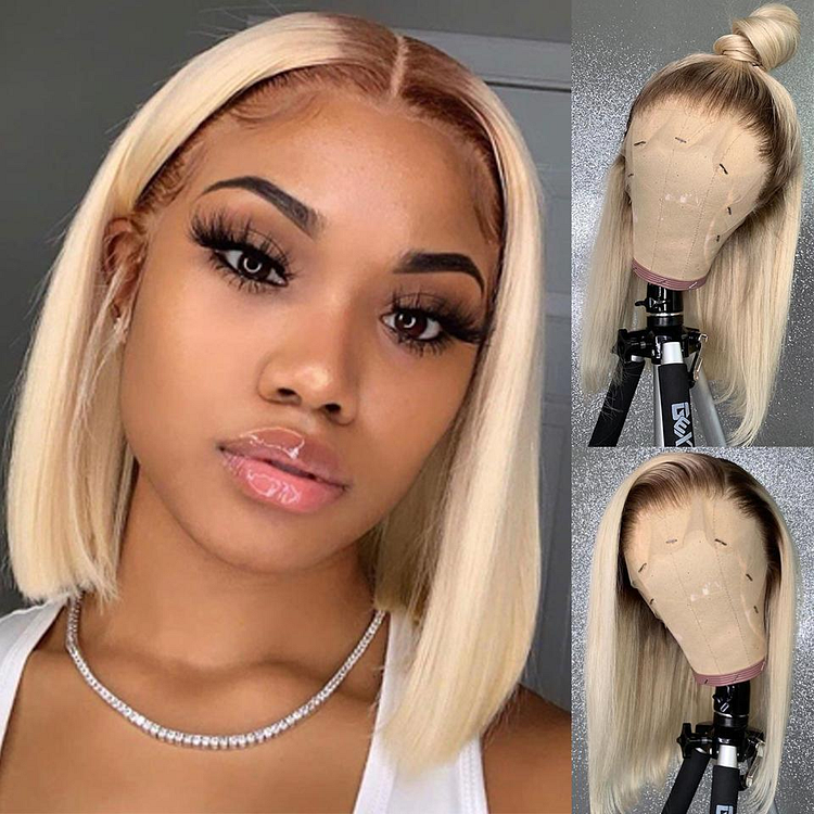 Ombre T4/613 Brown Roots Blonde Straight 13x4 Lace Front Bob Human Hair Wigs