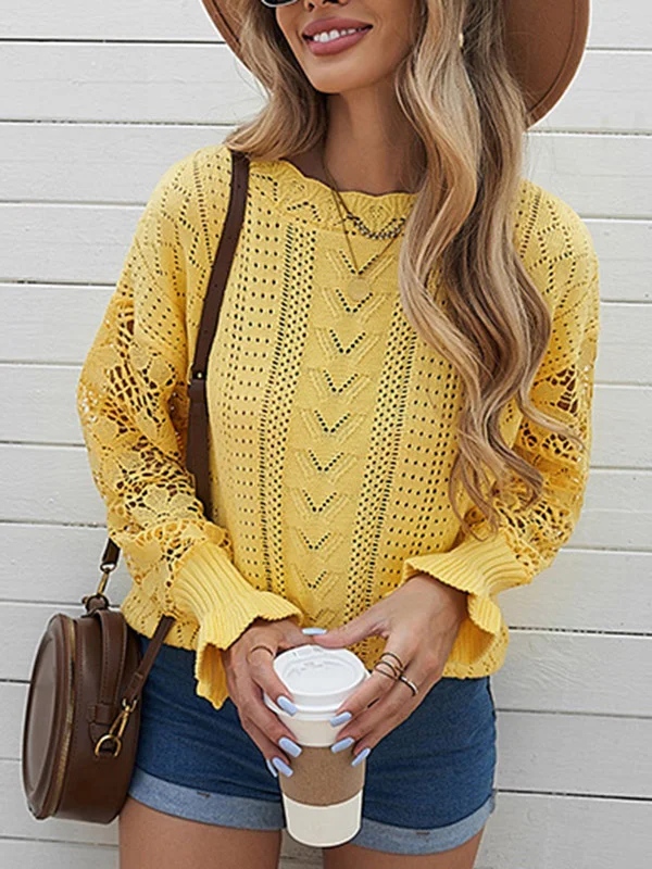 Original Loose 12 Colors Hollow Embroidered Round-Neck Long Sleeves Sweater Top