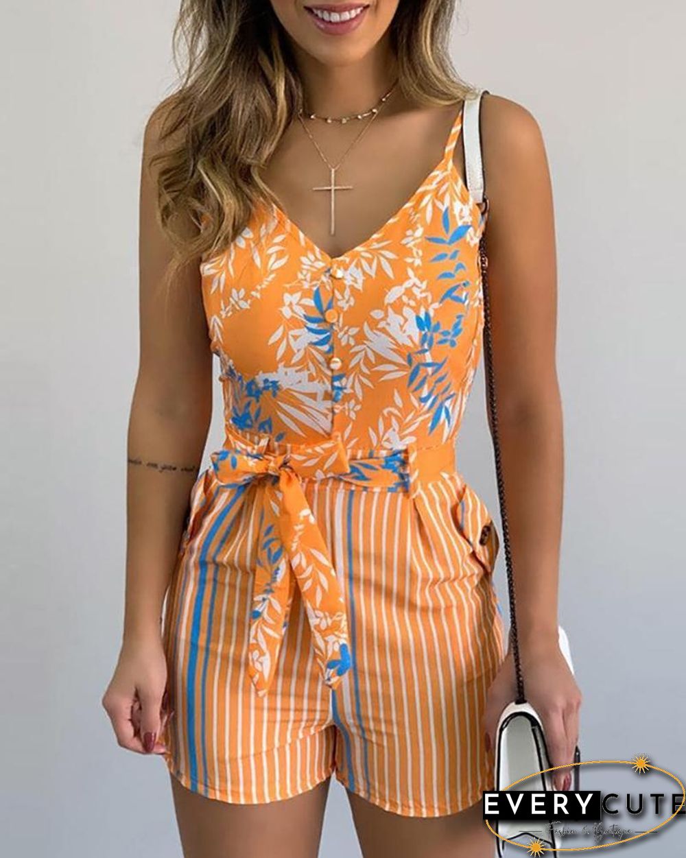 Spaghetti Strap Leaf Print Striped Knotted Romper P15385