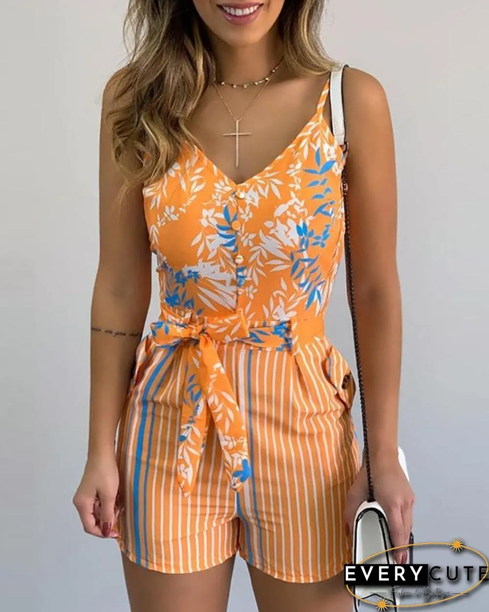Spaghetti Strap Leaf Print Striped Knotted Romper P15385