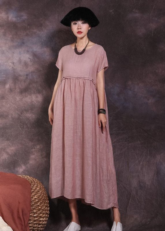 Pink O-Neck Pockets Cotton Dress Short Sleeve CK2887- Fabulory