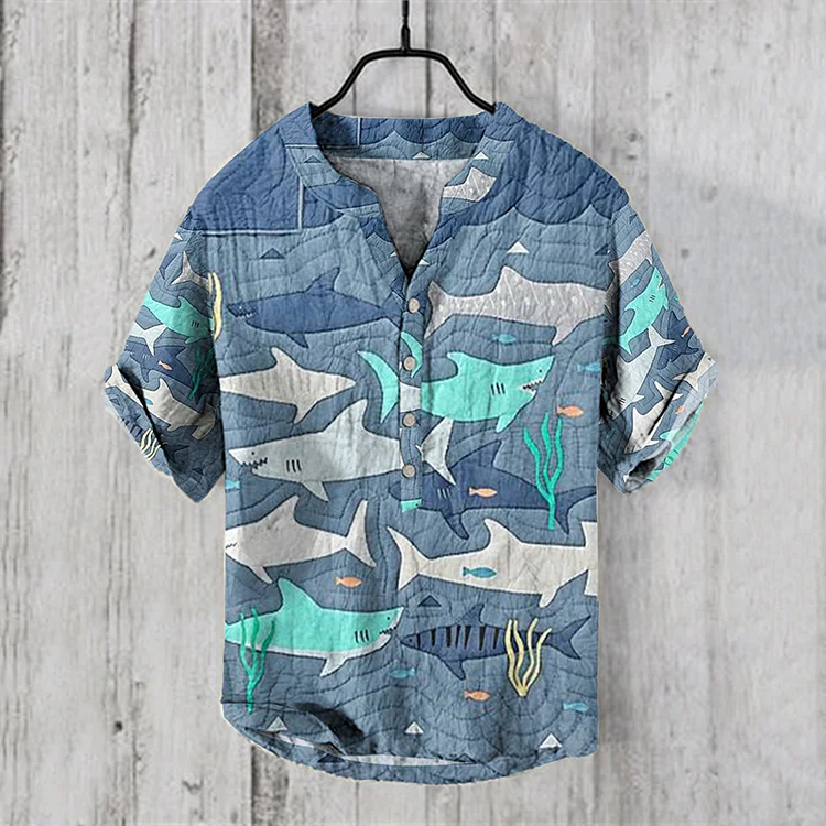 Japanese Art Shark Button Casual Linen Blend Shirt