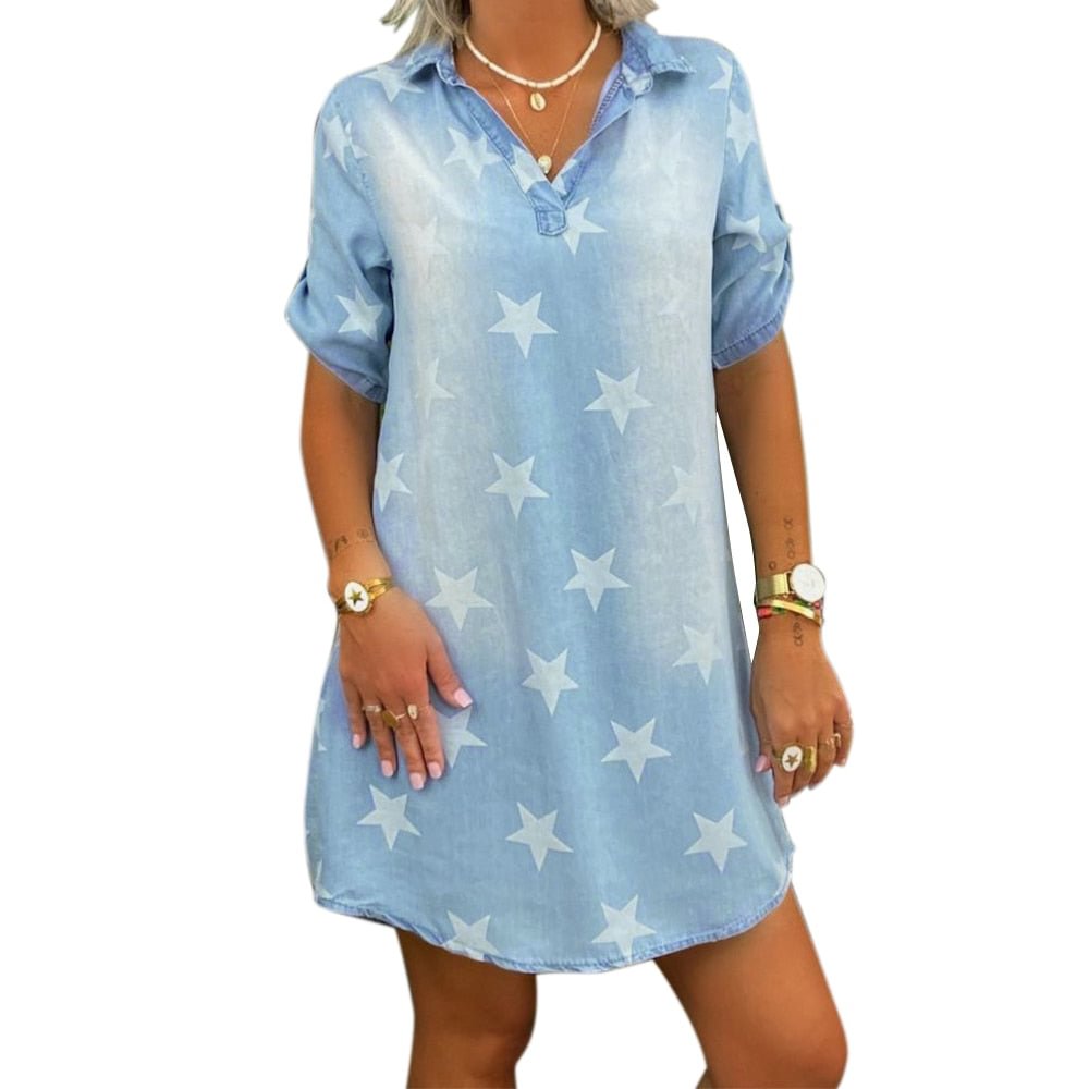 Star Print Denim Mini Dress for Women Summer Turn-down Collar Shirt Dresses Fashion Short Sleeve Jeans Dress Pullover 2021 D30