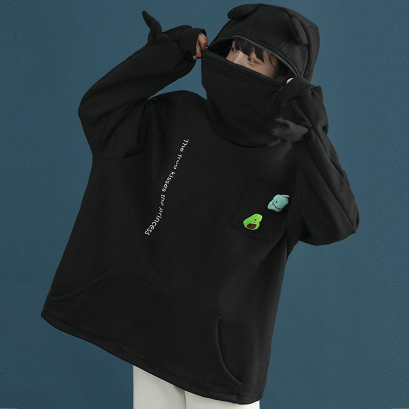 Frog Letter Zipper Pocket Oversized Hoodie THE FROG KISSES THE PRINCESS