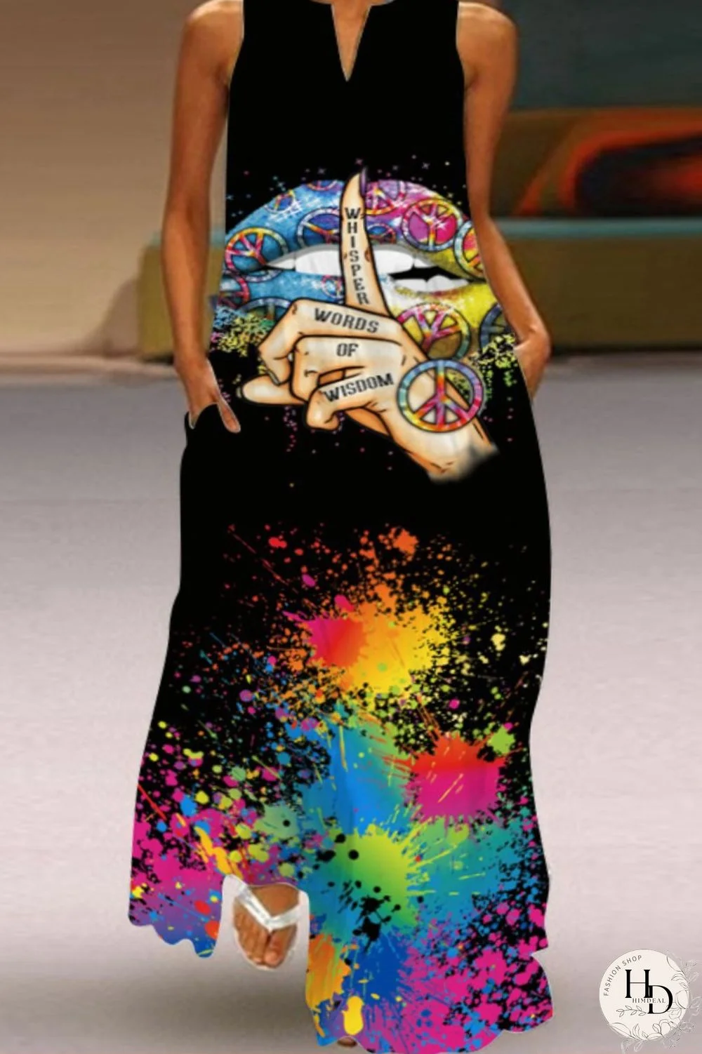 Colour Fashion Casual Plus Size Print Patchwork V Neck Sleeveless Dress