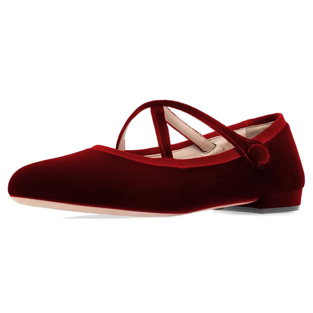 Comfy Maroon Velvet Round Toe Ballet Flats with Straps Nicepairs