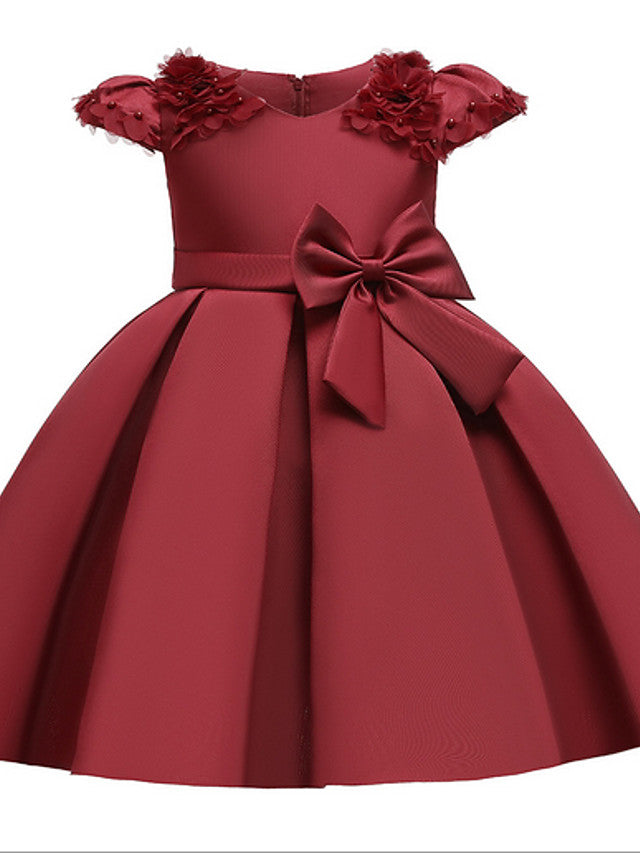 Oknass Ball Gown Short Sleeve Jewel Neck Flower Girl Dresses Polyester With Bow Appliques