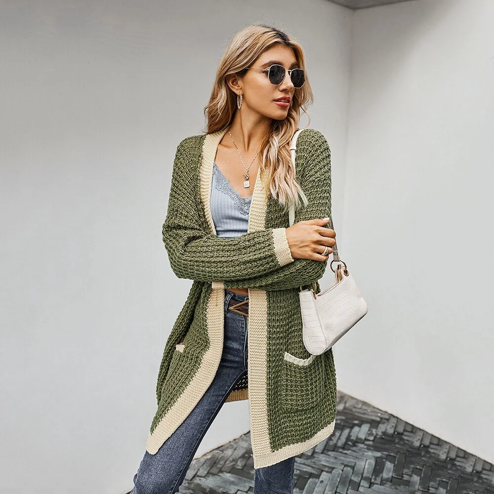 Sale Women Stitching Cardigan Jacket Patchwork Knitted Coat With Pocket Long Sleeve Soft Long Female Sweaters Casual Outwear D30