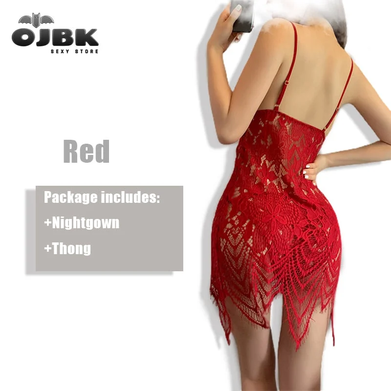 Women Sexy Nightwear Red Black Lace Nightgown Hot Transparent Sleepwear Erotic Fascinated Sexy Lingerie Robe With G-String 2020