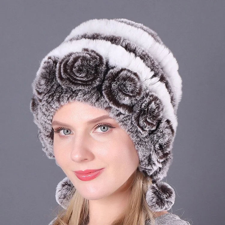 Women's Warm Flower Stripe Real Rex Rabbit Hair Hat