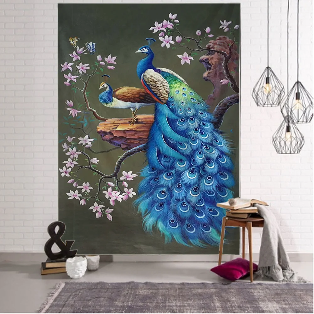 Sdrawing Forest Bird Peacock Couple Tapestry Home Bedroom Living Room Background Wall Decoration