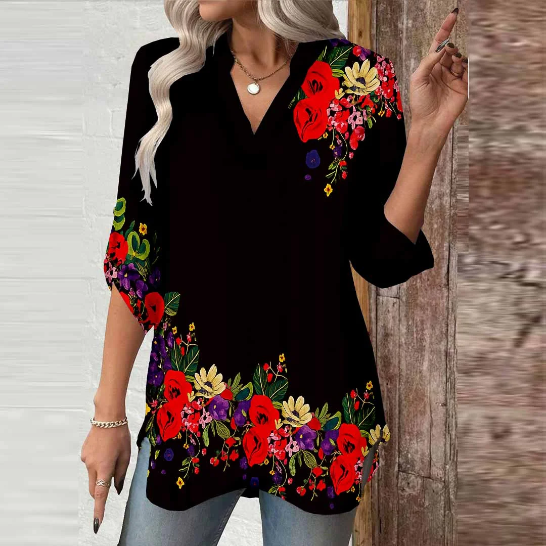 Women Floral, Red, Black DZGA0540 3/4 Sleeve V-neck Printed Graphic Button Tops
