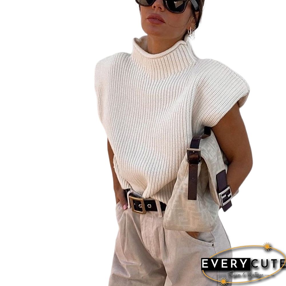 White High Collar Padded Sleeveless Sweater