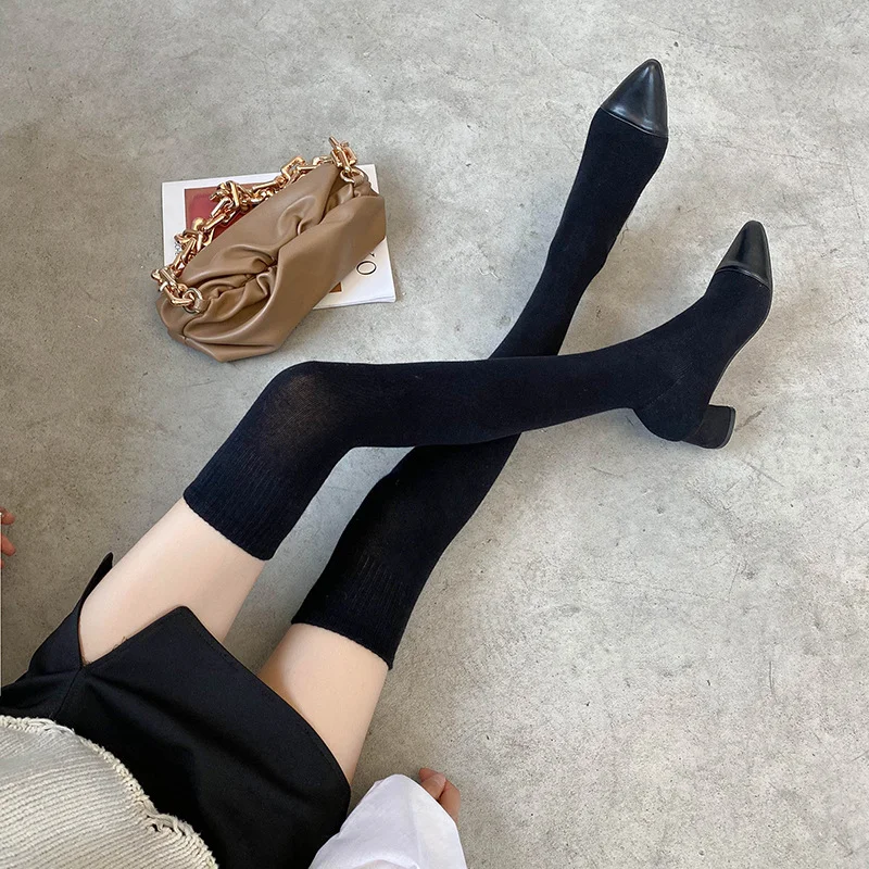 Tanguoant Tanguoant Stockings Boots Pointed Thin Boots Women Long Tube Knitting Wool Elastic Socks Boots Thick Heel High Heels Over The Knee Boots Women