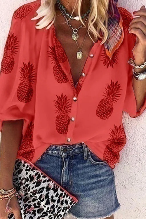 Buttons V Neck Pineapple Printed Shirt