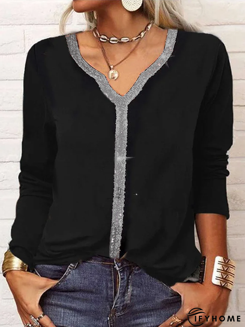 Casual V Neck Plain Long sleeve Loose T-Shirt | IFYHOME