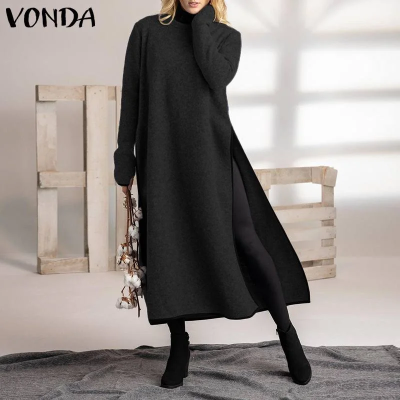 Maxi Long Dress VONDA Autumn Loose  O Neck Side Split Fashion Pullover Maxi Sweatshirt Dresses Asymmetric Vestidos Femme Robe