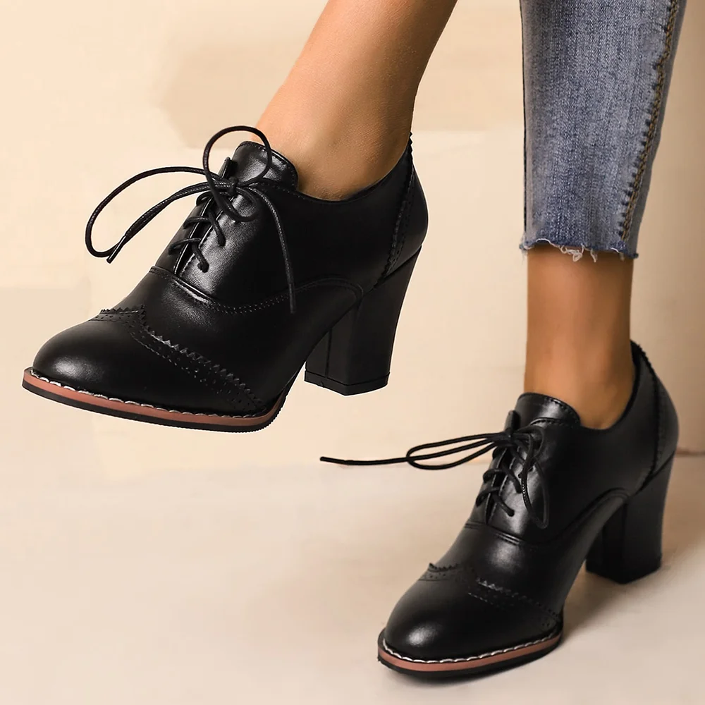 Black Leather Oxford Lace Up Chunky Heel Shoes Nicepairs