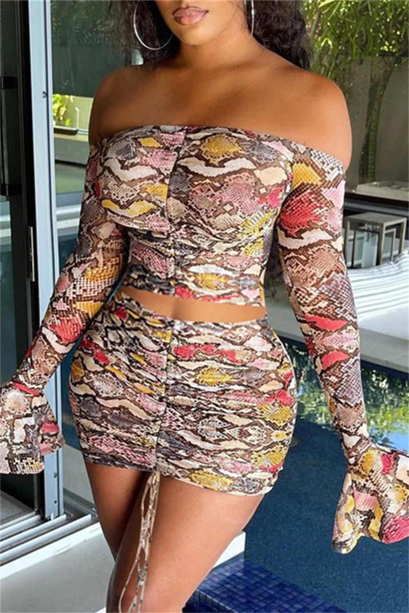Leopard Print Fashion Sexy Print See-through Backless Off the Shoulder Long Sleeve Two Pieces | EGEMISS