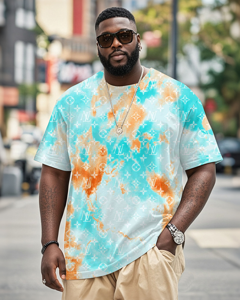 Big & Tall Men's Daily Leisure Green Gradient Geometric Diamond Printed Round Neck Short Sleeve T-Shirt