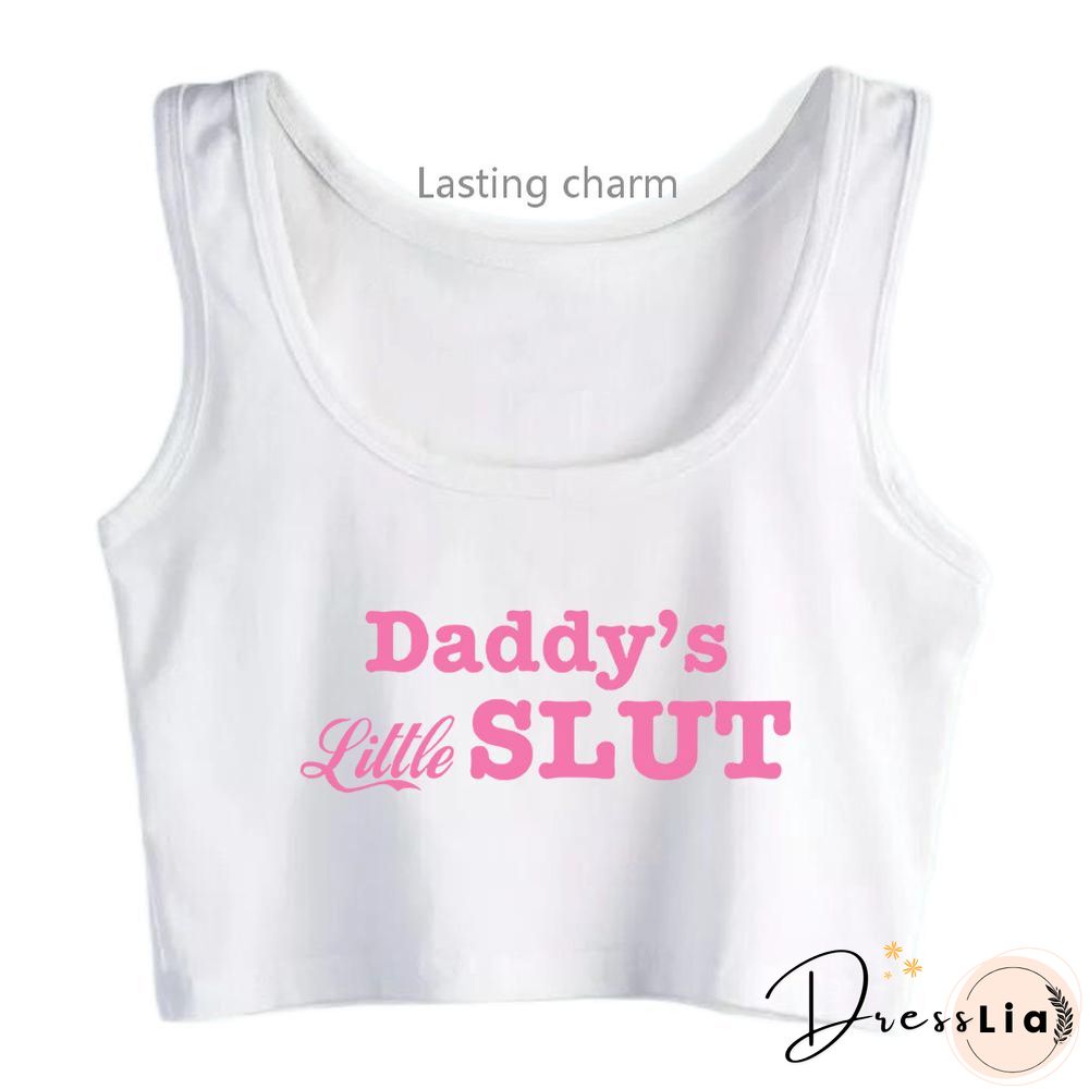 Daddys Little Slut Print Crop Top Fun Flirty Camisole Cami Tank Top Girls Fitted Scoop Neck Crop Top