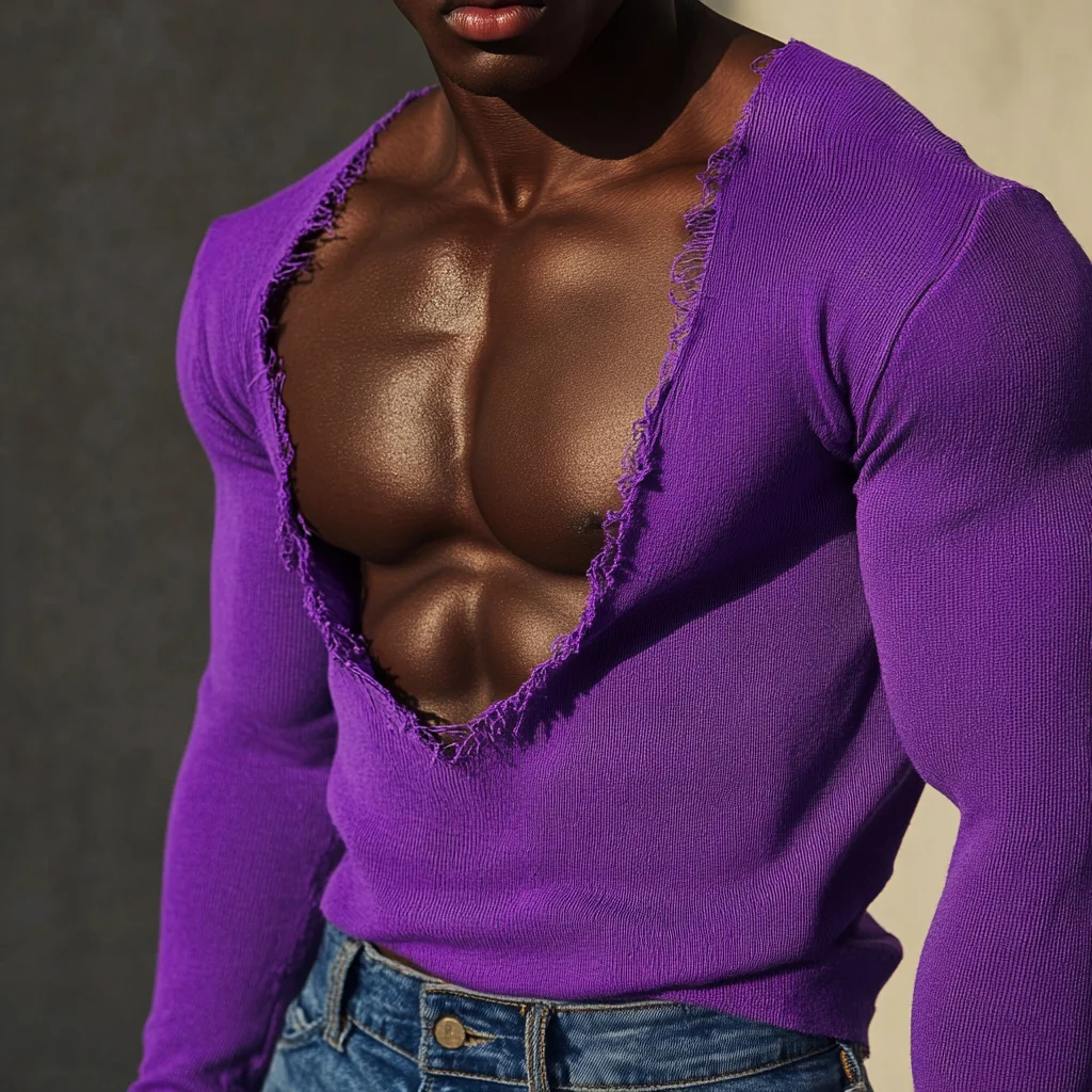  Stylish Purple V-Neck Sweater with Distressed Detail for Men-inspireuse