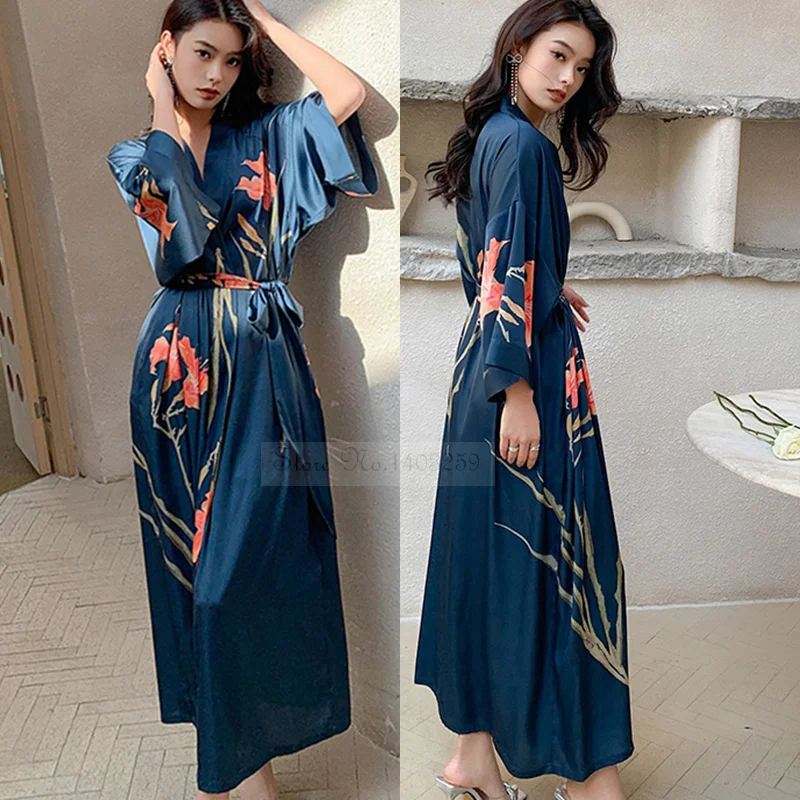 Female Long Robe Nightgown New Spring Summer  Print Flower Kimono Bathrobe Gown Casual Silk Satin Home Dress Lounge Wear
