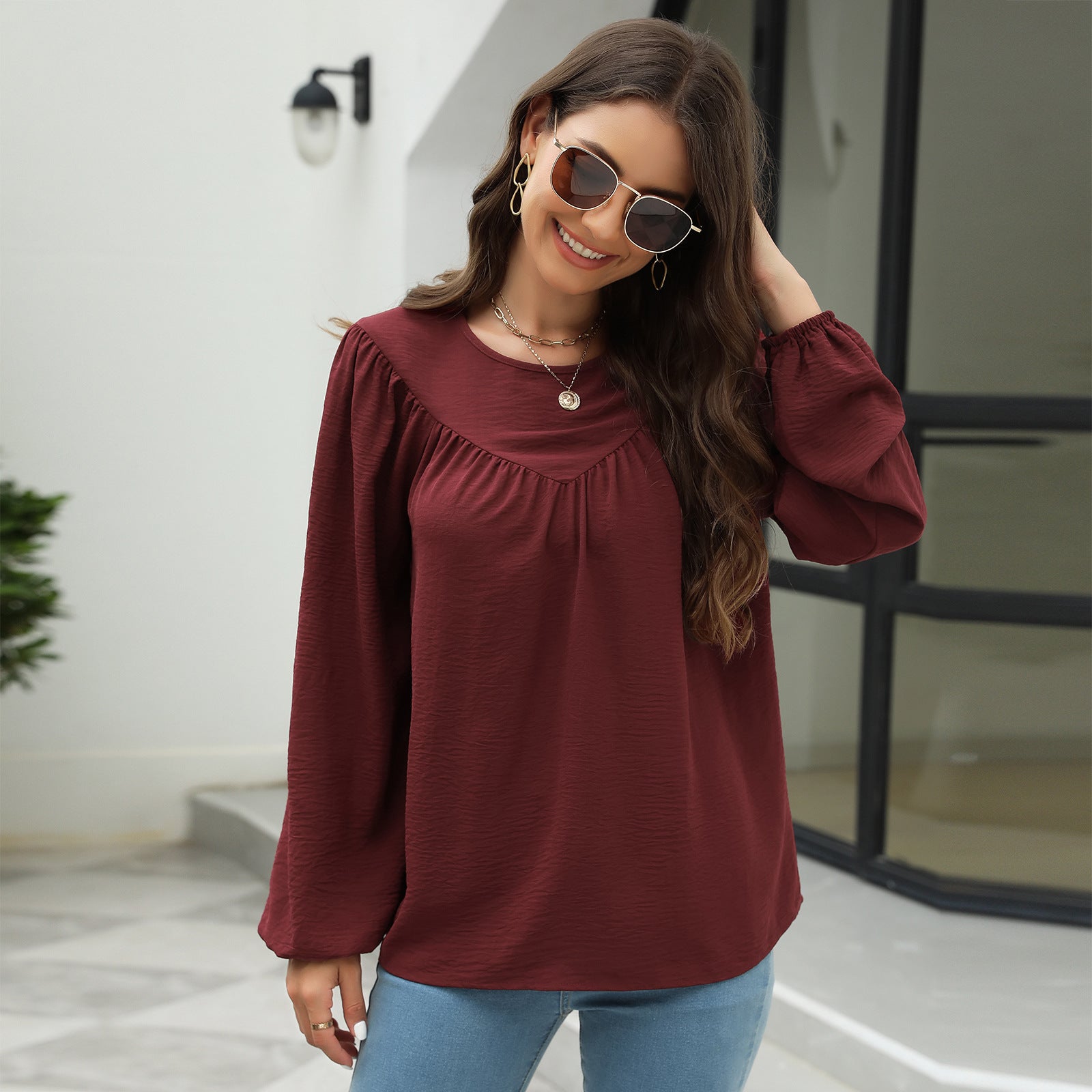 Autumn Solid Color Pullover Lantern Sleeve Chiffon Shirt Top