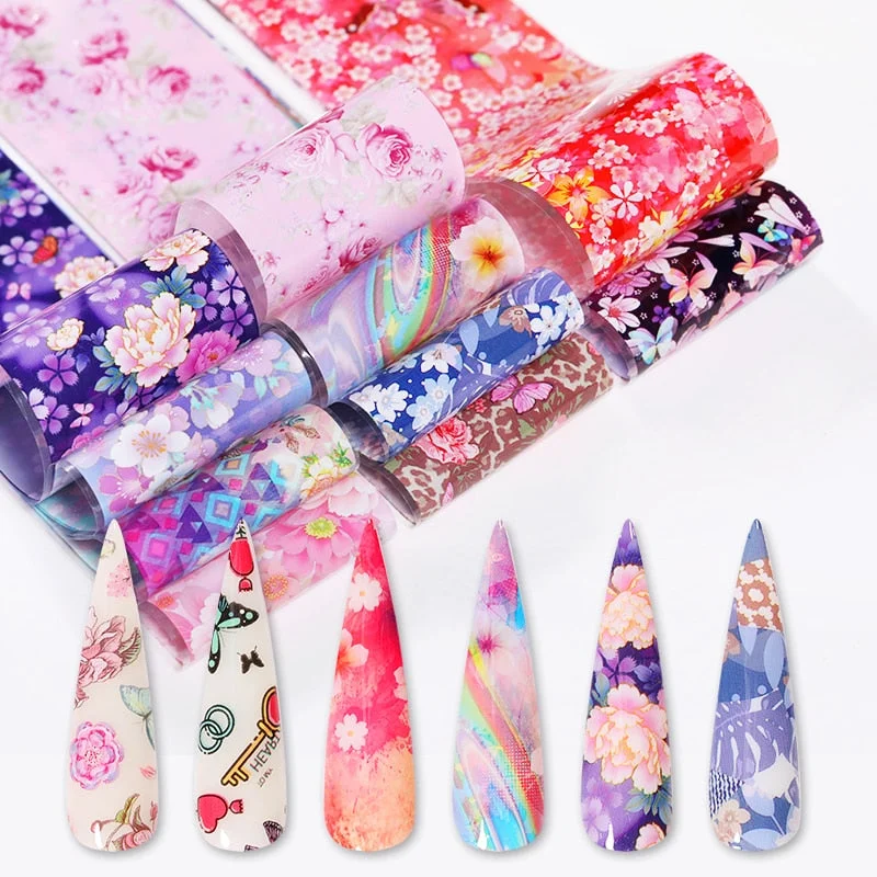 10Pcs/Set Colorful Nail Foil Stickers Mirror iridescent Effect Stickers Nail Art Transfer Foils Manicures Slider Decorations