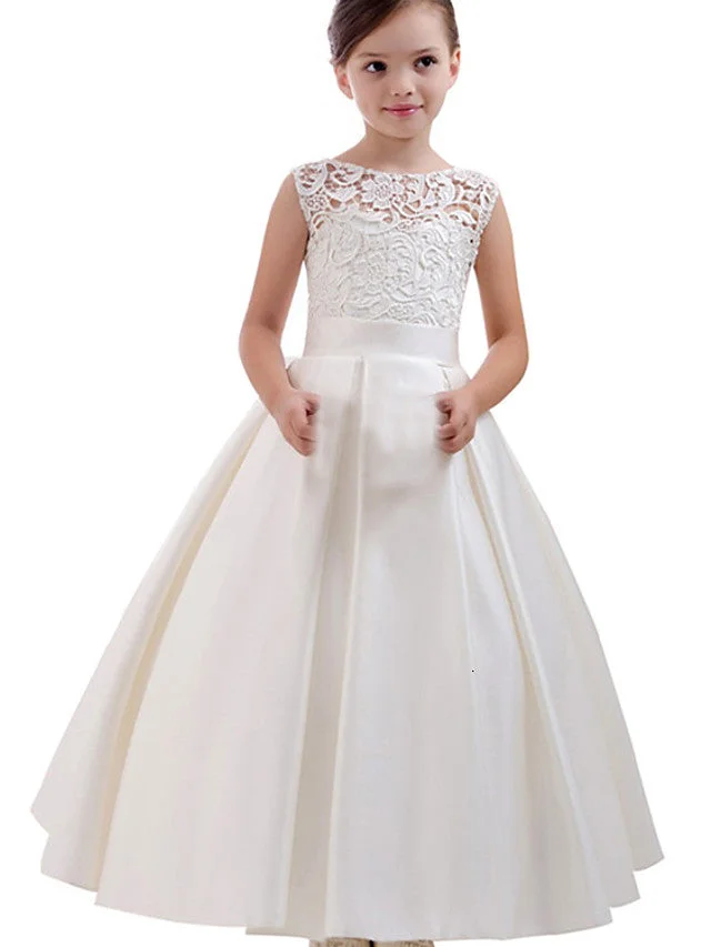 Daisda  A-Line Short Sleeve Jewel Neck Flower Girl Dresses Lace  Satin  With Pleats  Solid