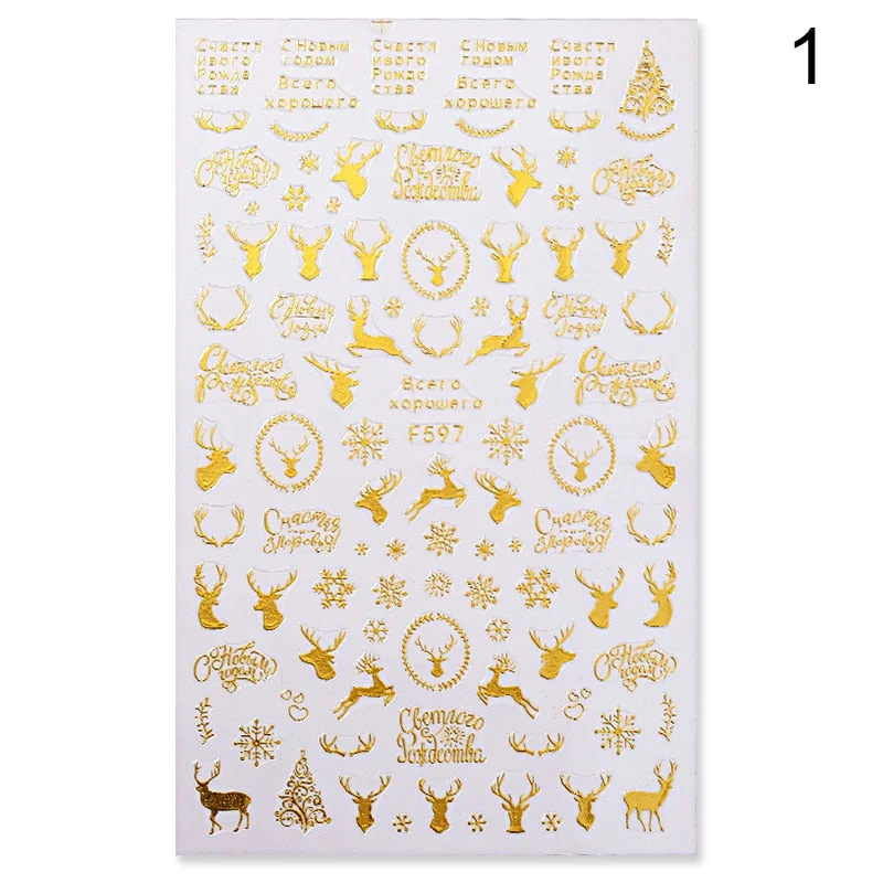 Gold Bronzing 3D Christmas Nail Art Decoration Sticker Sparkly White Colorful Glitter Geometry Snowflake Winter Slider Foil