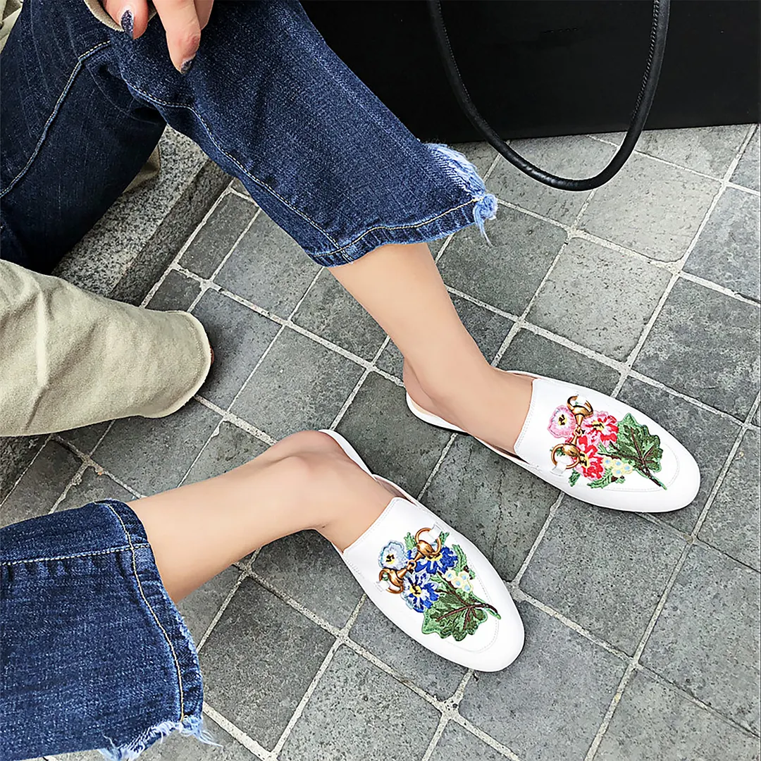 White Mandarin Duck Flower Metal Buckle Flats Mules Shoes-vocosishoes