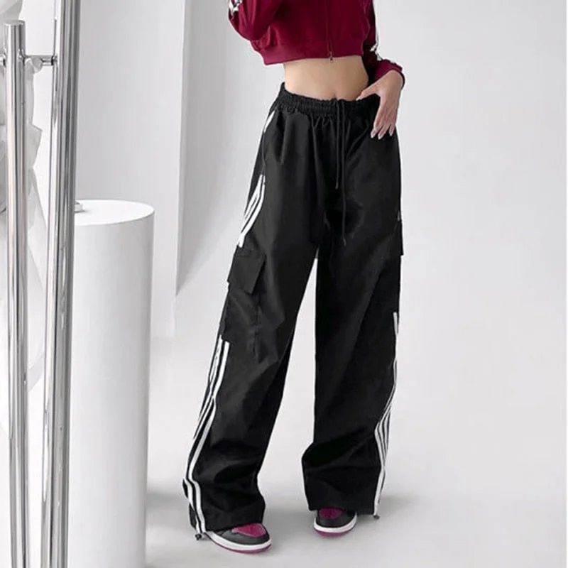 Uforever21 2023 Autumn New Fall Outfits High Waist Drawstring Cargo Pant  Joggers Wide Leg Trousers Striped Harajuku Baggy Parachute Pants Sweatpants Women Clothes Y2k