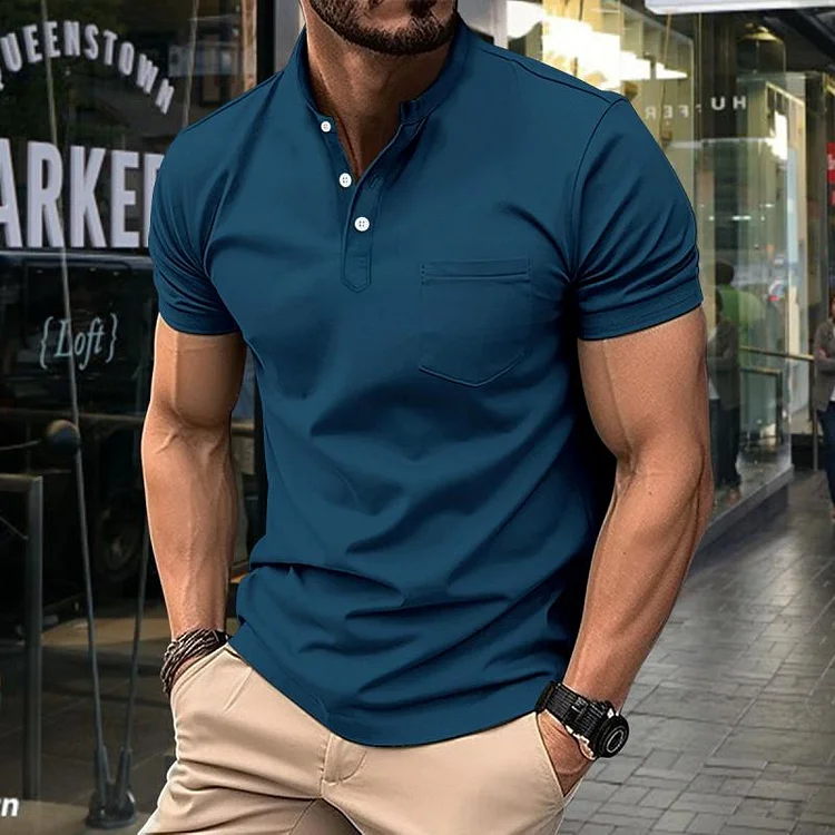 Men's Casual Stand Collar Patch Pocket Slim Fit Short Sleeve T-Shirt 82269037M