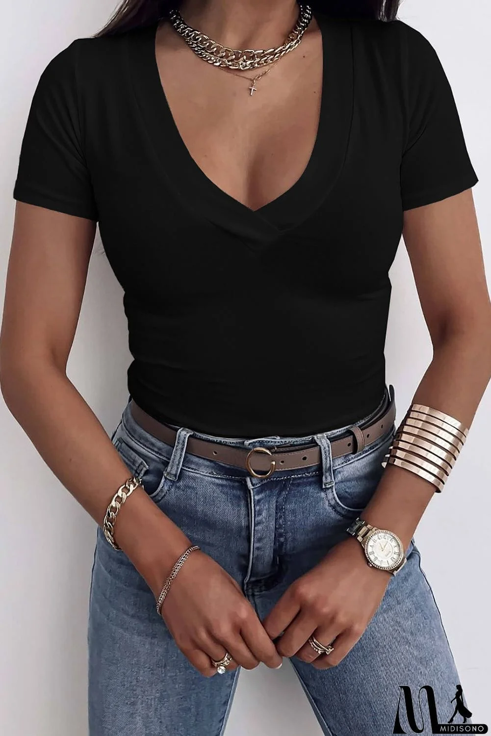 MidiSono - Solid Color V Neck Bodycon T-shirt