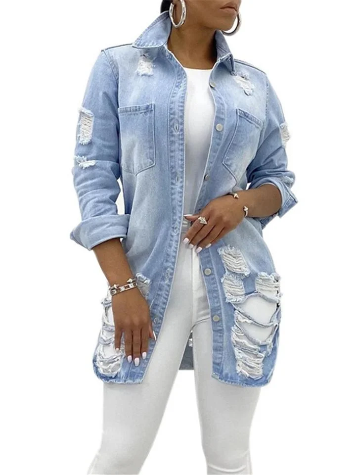 Fashionable Chest Pocket Lapel Collar Ripped Design Denim Coat