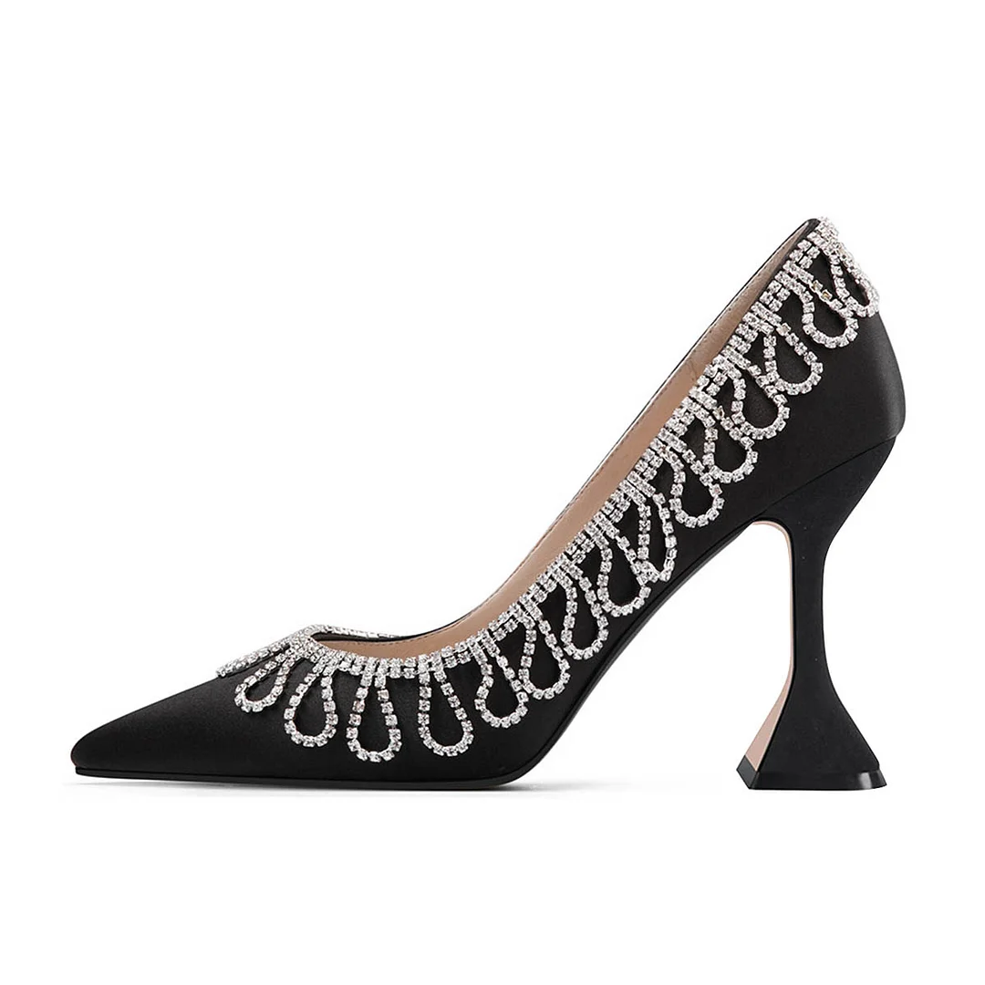 Black Satin Shoes Pointed Toe Pumps Heels with Rhinestone Fringe