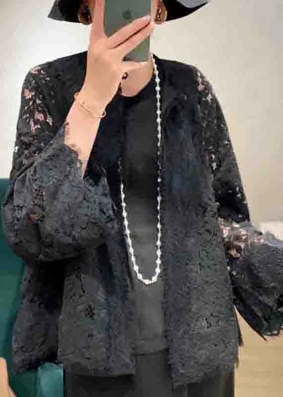 Loose Black O Neck Hollow Out Patchwork Lace Cardigans Flare Sleeve
