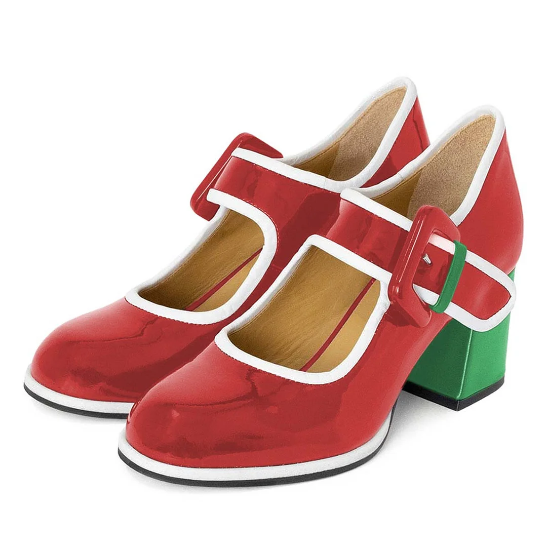 Patent Leather Closed Toe Block Heel Mary Jane Red Pumps with Buckle