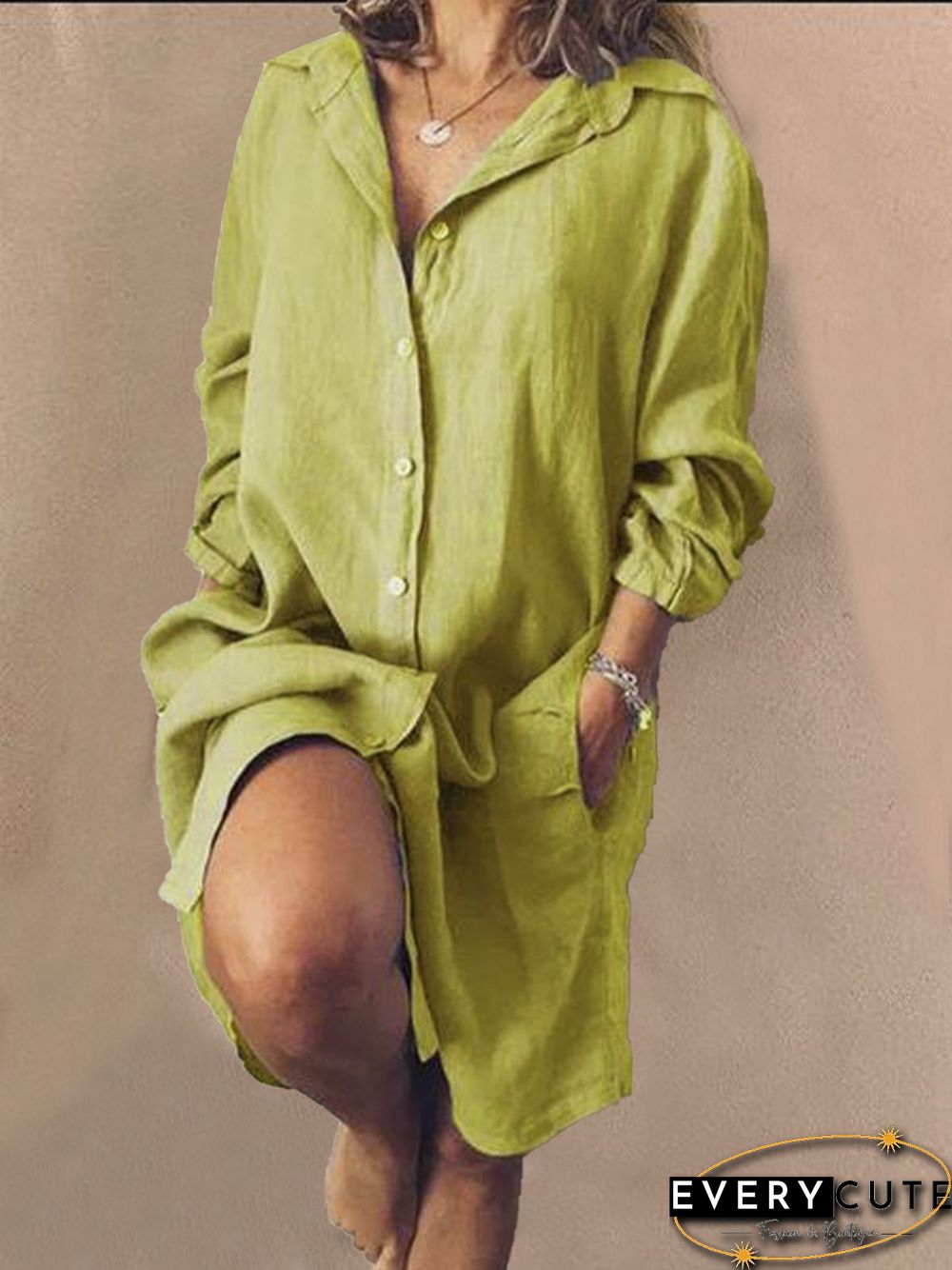 Casual V Neck Long Sleeve Solid Weaving Dress