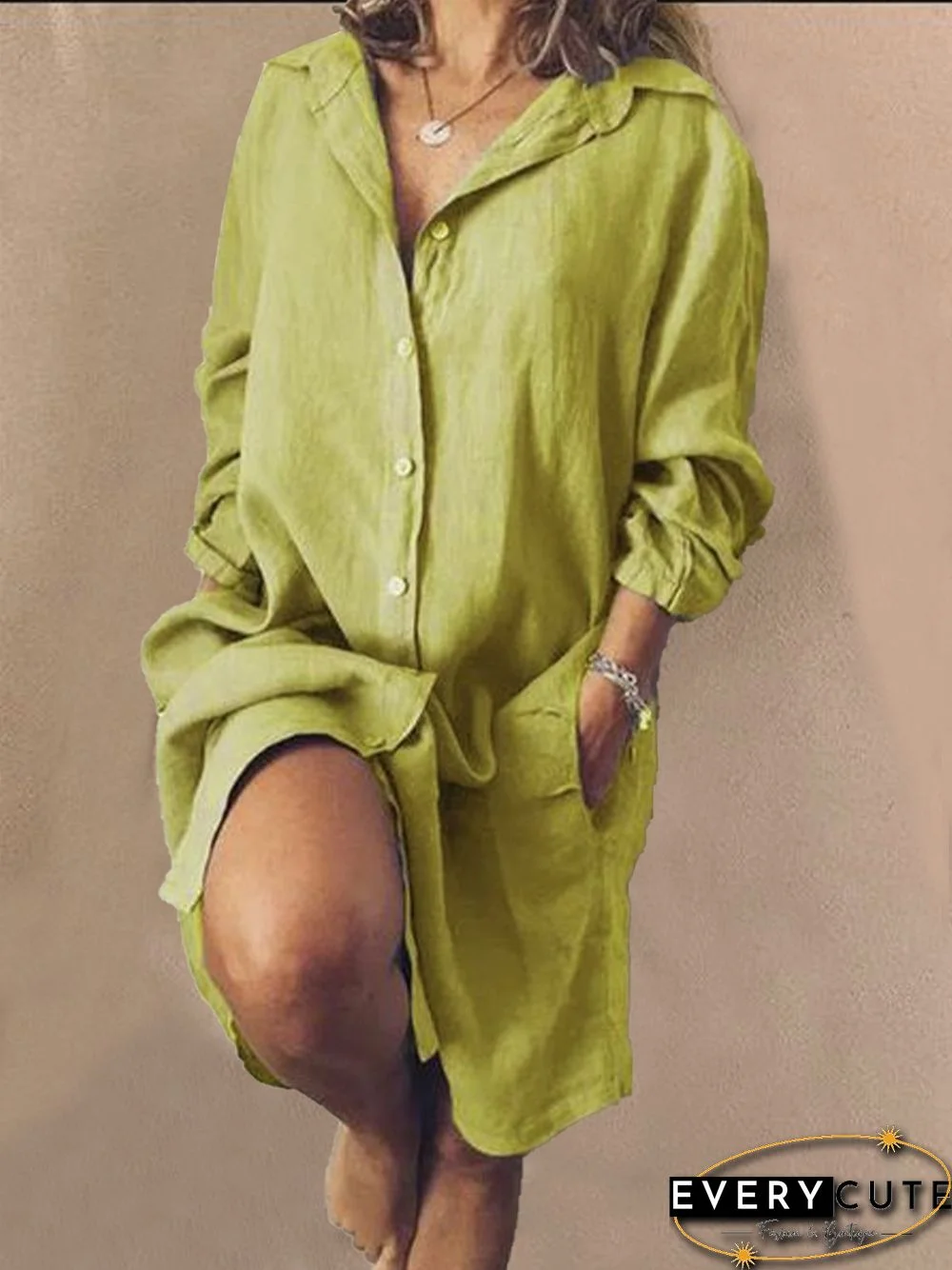 Casual V Neck Long Sleeve Solid Weaving Dress