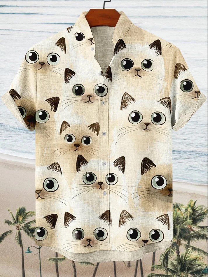Men's Cute Cat Vacation Art Print Casual Shirt
