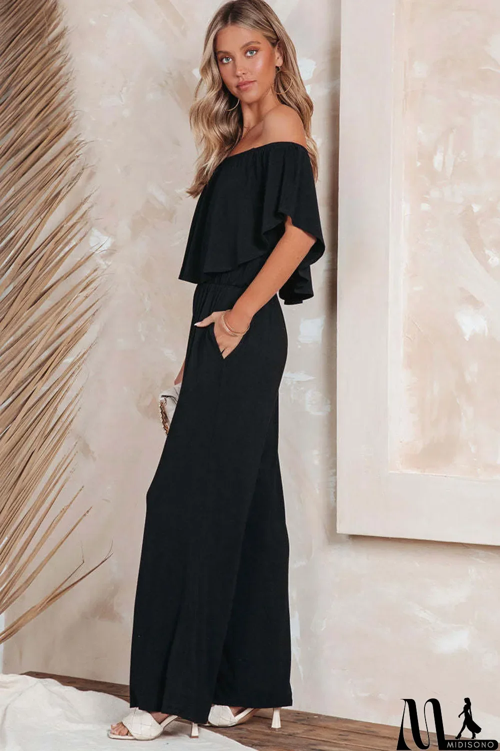MidiSono - Black Solid Color Off Shoulder Wide Leg Jumpsuit