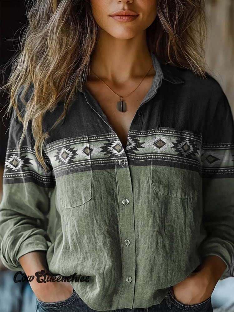 Women’s Aztac Green And Black Print Casual Long Sleeve Comfortable Cotton Shirt Multicolor / S